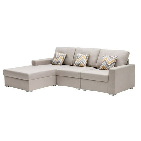 Meg 96 Inch Adjustable Sectional Chaise Sofa with Throw Pillows, Beige- Saltoro Sherpi