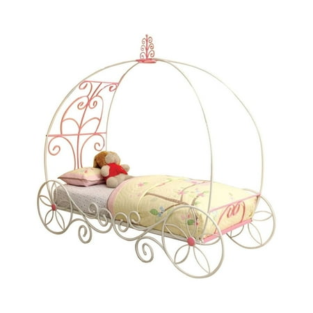 Benzara Metal Twin Princess Bed with Carved Headboard in Pink and White