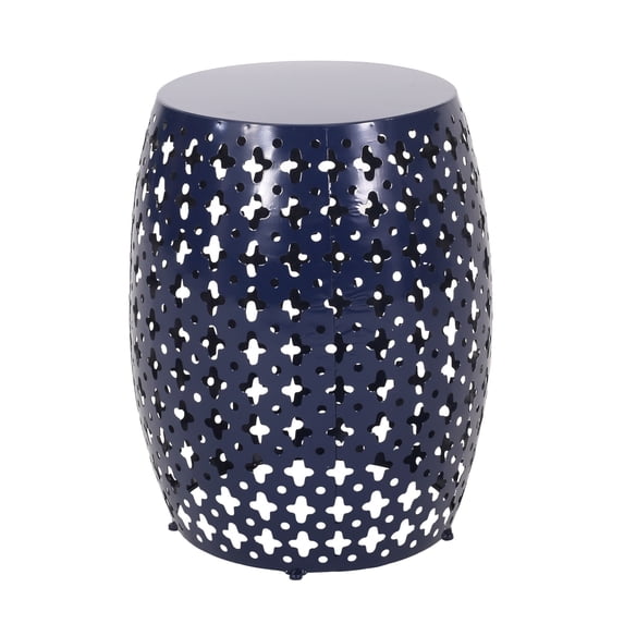 Benjara Miami Outdoor End Table- Cutout Design- Round 17 Inch- Navy Blue Iron