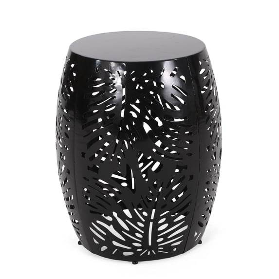 Benjara Miami Outdoor End Table Stool, Palm Leaf Pattern, Black Iron, 17 Inch