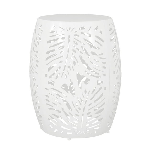 Benjara Miami Outdoor End Table Stool- Palm Leaf Pattern- White Iron- 17 Inch