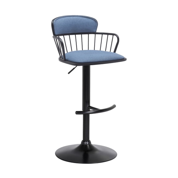 Nish 25-33 Inch Adjustable Barstool Chair, Soft Blue Fabric, Black Frame