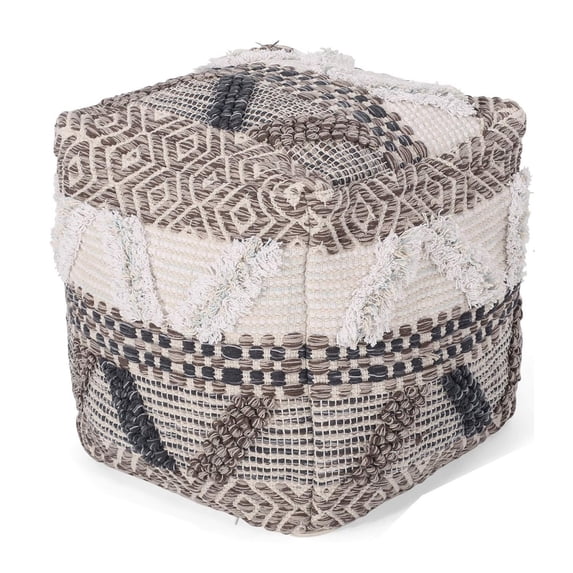 Benjara Ottoman Pouf, 16 Inch, Boho Design, White Beige Woven Wool, Bead Fill