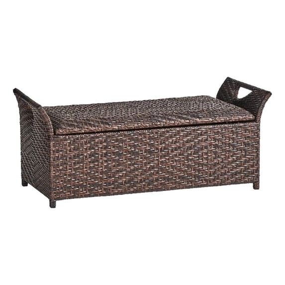 Benjara Outdoor Bench with Hinged Lid Storage- 42" Dark Brown PE Rattan