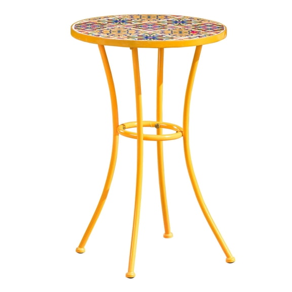 Benjara Outdoor Side End Table, 14 Inch Round Yellow Ceramic Tile, Orange Iron