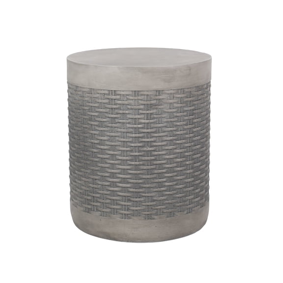 Benjara Outdoor Side End Table- Round Top Gray Faux Concrete- Round 16 Inch