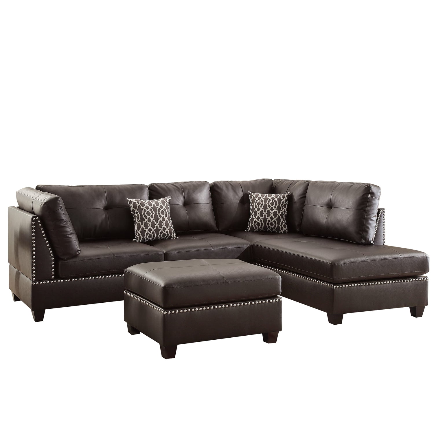 Brown Tufted Leather 3-Piece Sectional Sofa with Ottoman