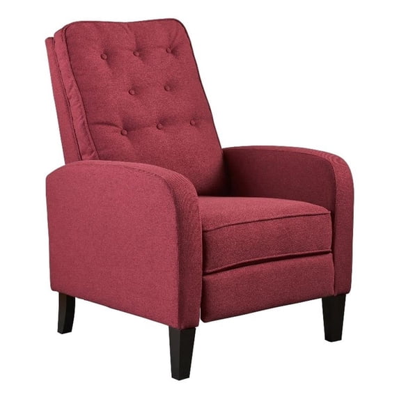 Push Back Recliner Chair, Birch Wood Legs, Red Button Tufted Polyester