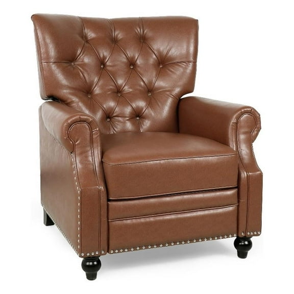 Recliner Chair- Turned Legs- Light Brown Button Tufted Faux Leather