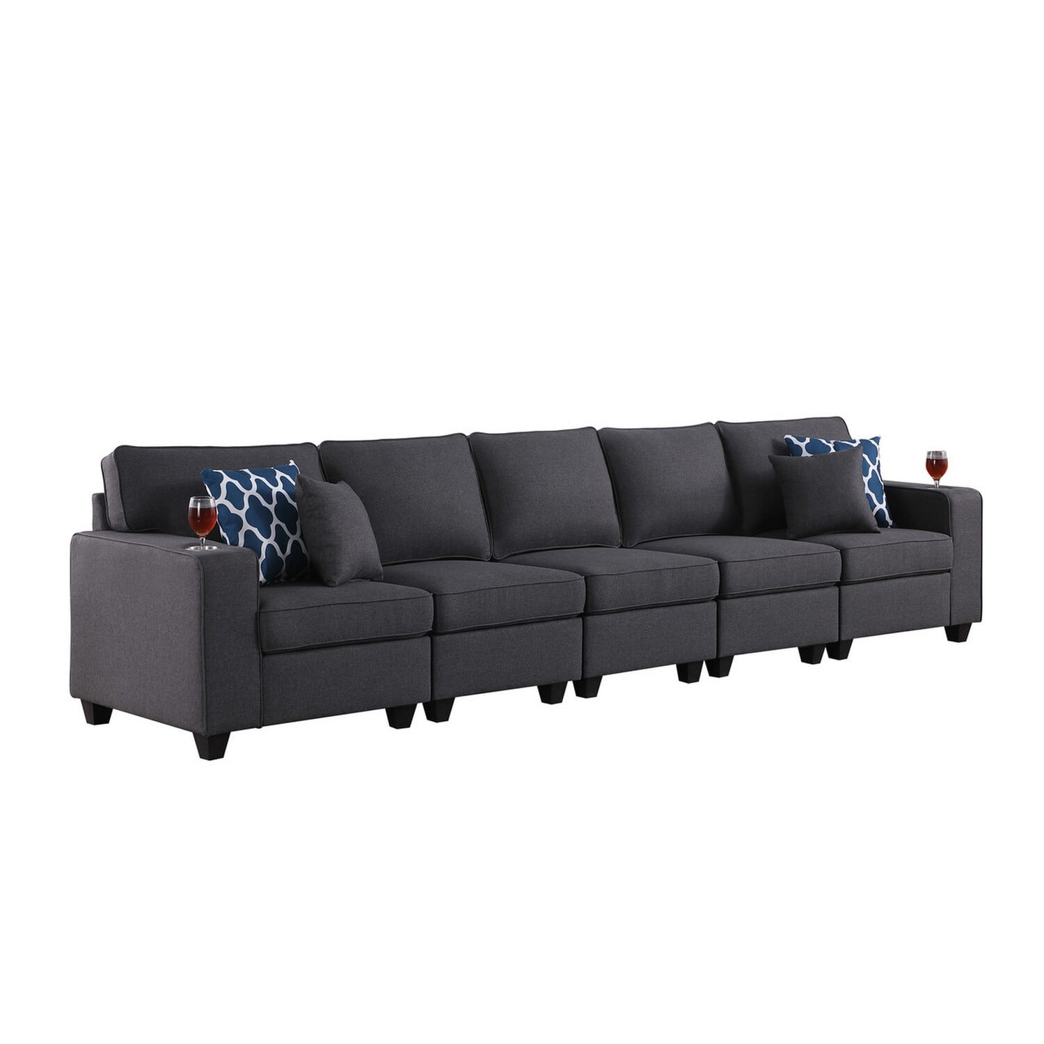 Benjara Reid 146 Inch Modular 5 Seater Sofa with Cupholders and Pillows ...