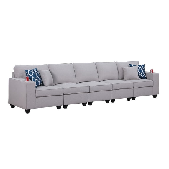 BenJara Reid 146 Inch Modular 5 Seater Sofa with Cupholders and Pillows, Light Gray