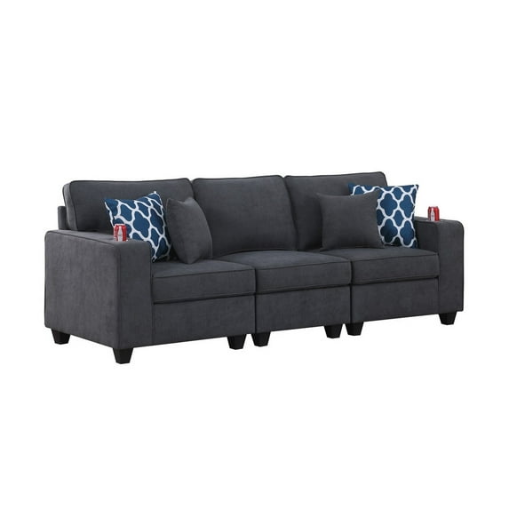 BenJara Reid 94 Inch Modular Sofa with 4 Throw Pillows and Cupholders, Stone Gray