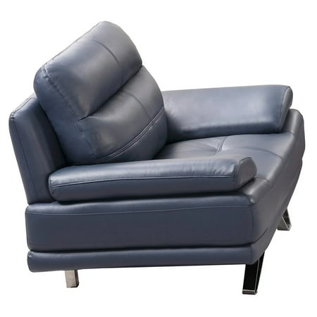 Reni 44 Inch Sofa Chair Channel Tufted Navy Blue Soft Leather Upholstery