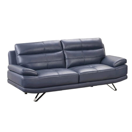 Reni 82 Inch Modern Sofa Channel Tufted Navy Blue Soft Leather Upholstery