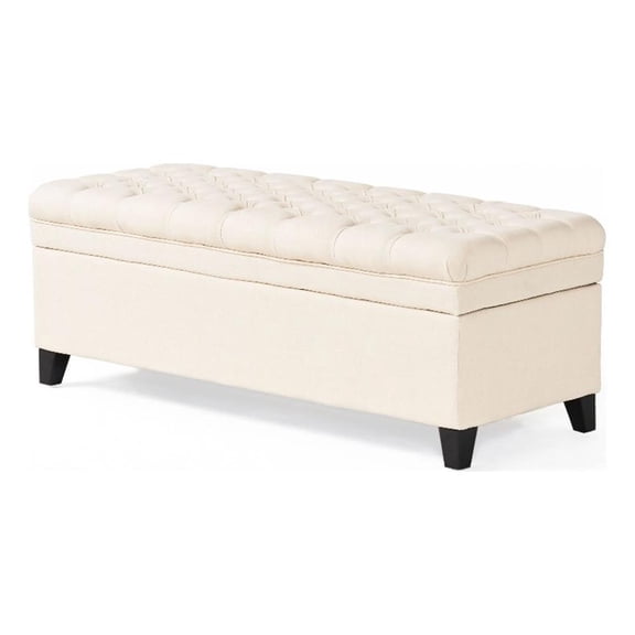 Benjara Rhya Storage Bench- 50" Button Tufted Plush Seat- Soft Beige