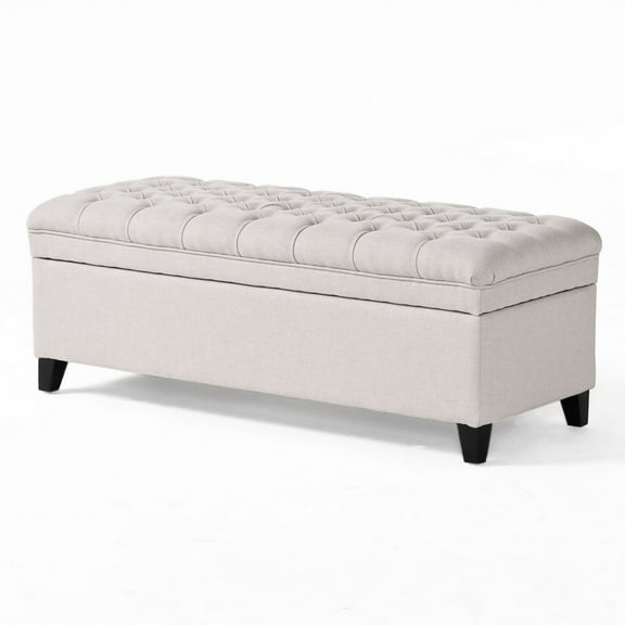 Benjara Rhya Storage Bench Ottoman- 50" Seat- Button Tufted Gray Fabric