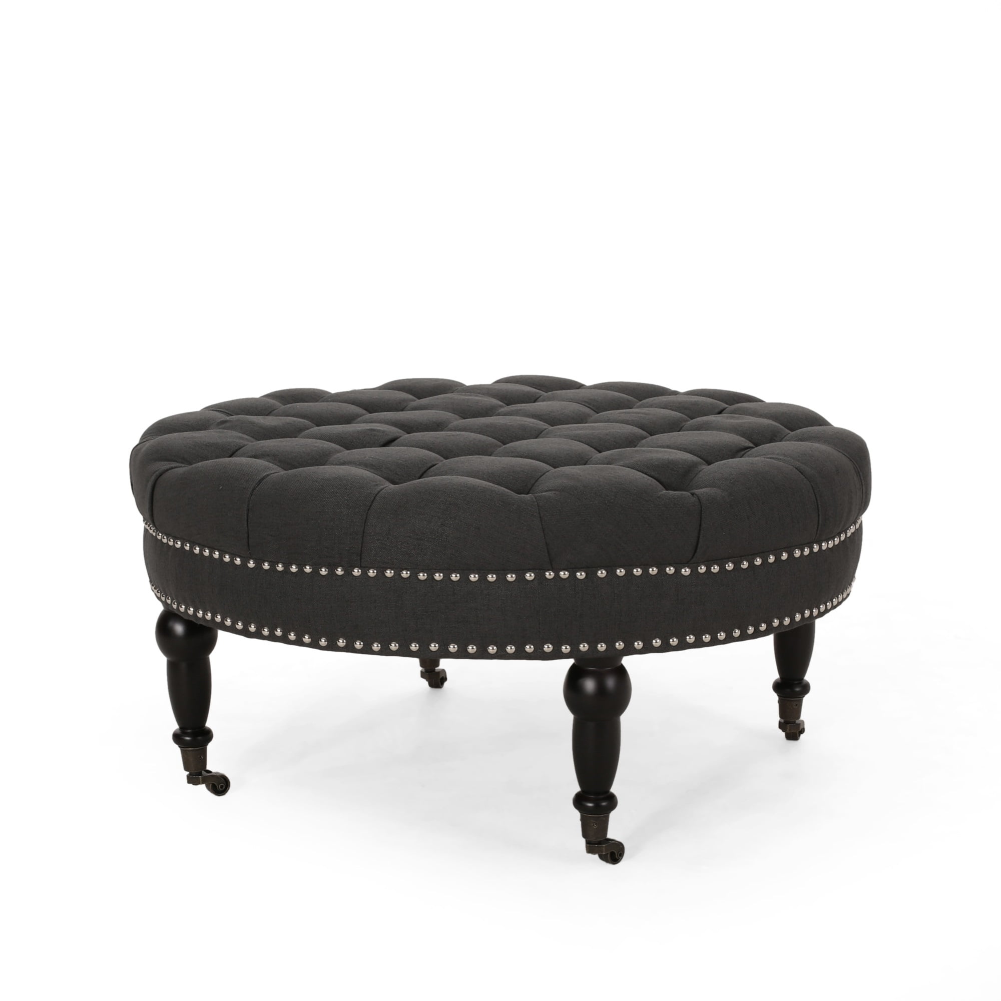 Romani Round Tufted Black Fabric Ottoman with Nailhead Trim