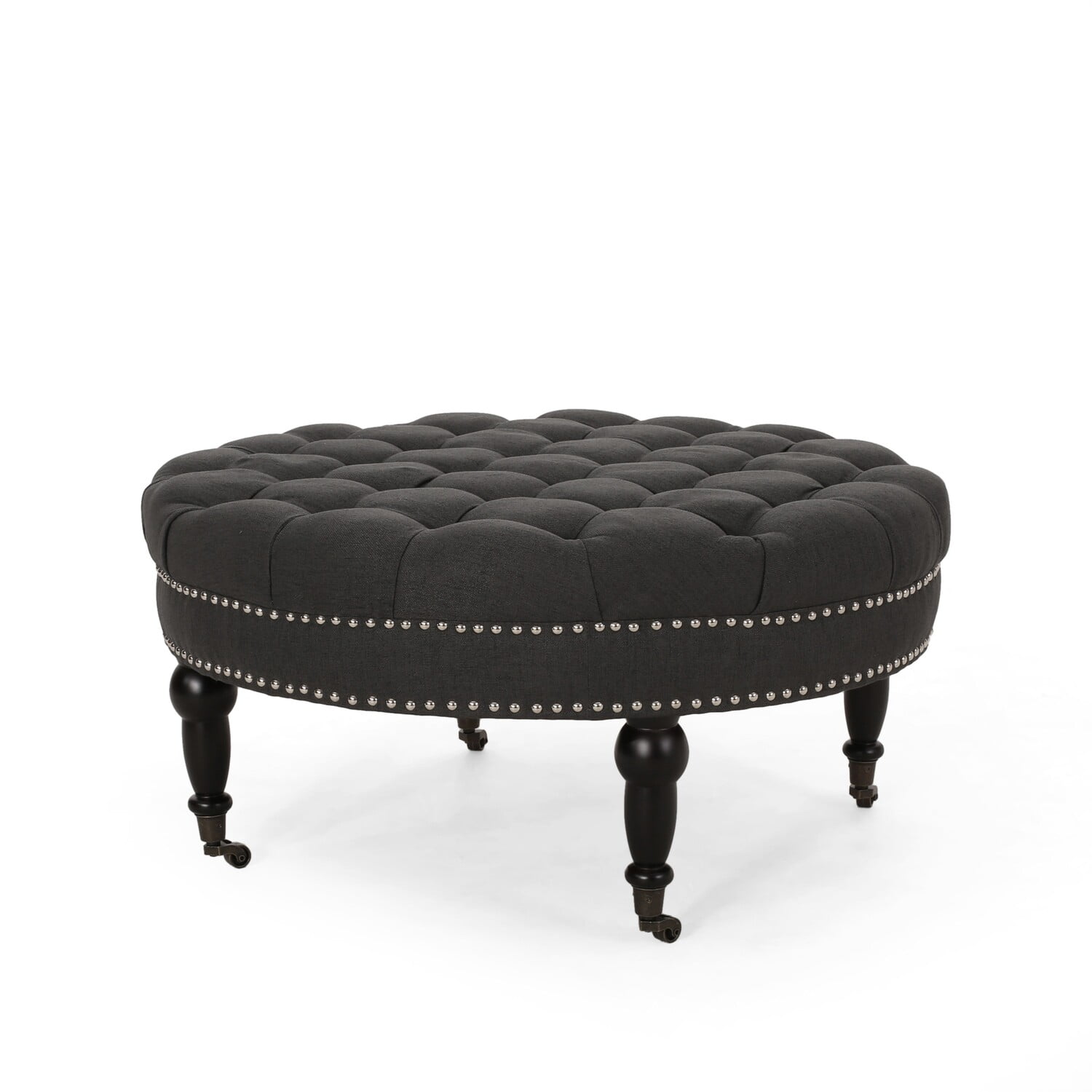 Romani Round Tufted Black Fabric Ottoman with Nailhead Trim