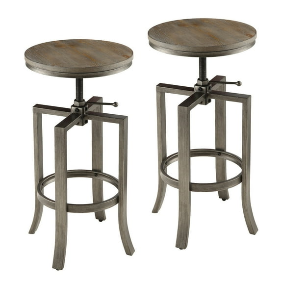 BenJara Round Chic Industrial Rustic Adjustable Swivel Bar Stool, Brown ,Set of 2