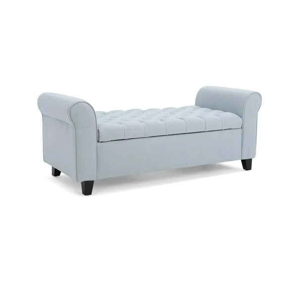 Benjara Storage Ottoman Bench- 50" Light Blue- Rolled Arms- Black Wood