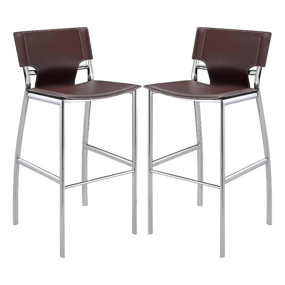 Benjara Suze 30" Metal Bar Chair (Set of 2)- Chrome Base- Brown Vegan Leather