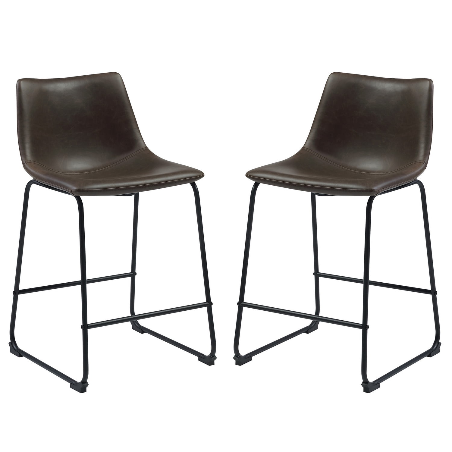 Rustic Contoured Brown Leather Counter Height Stool Set of 2