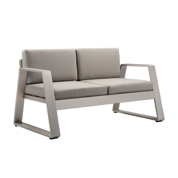 Benjara Xia 57 Inch Outdoor Sofa, Gray Aluminum, Fade Resistant Fabric Cushions
