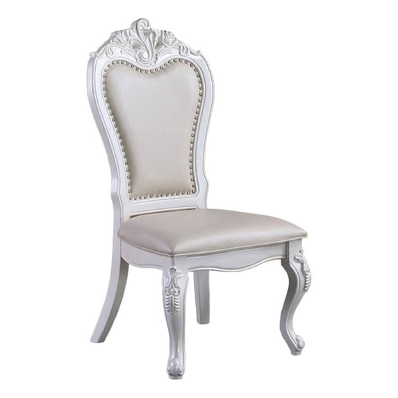 Zenie Dining Side Chair Set of 2- Carved Cabriole- Faux Leather- White Wood