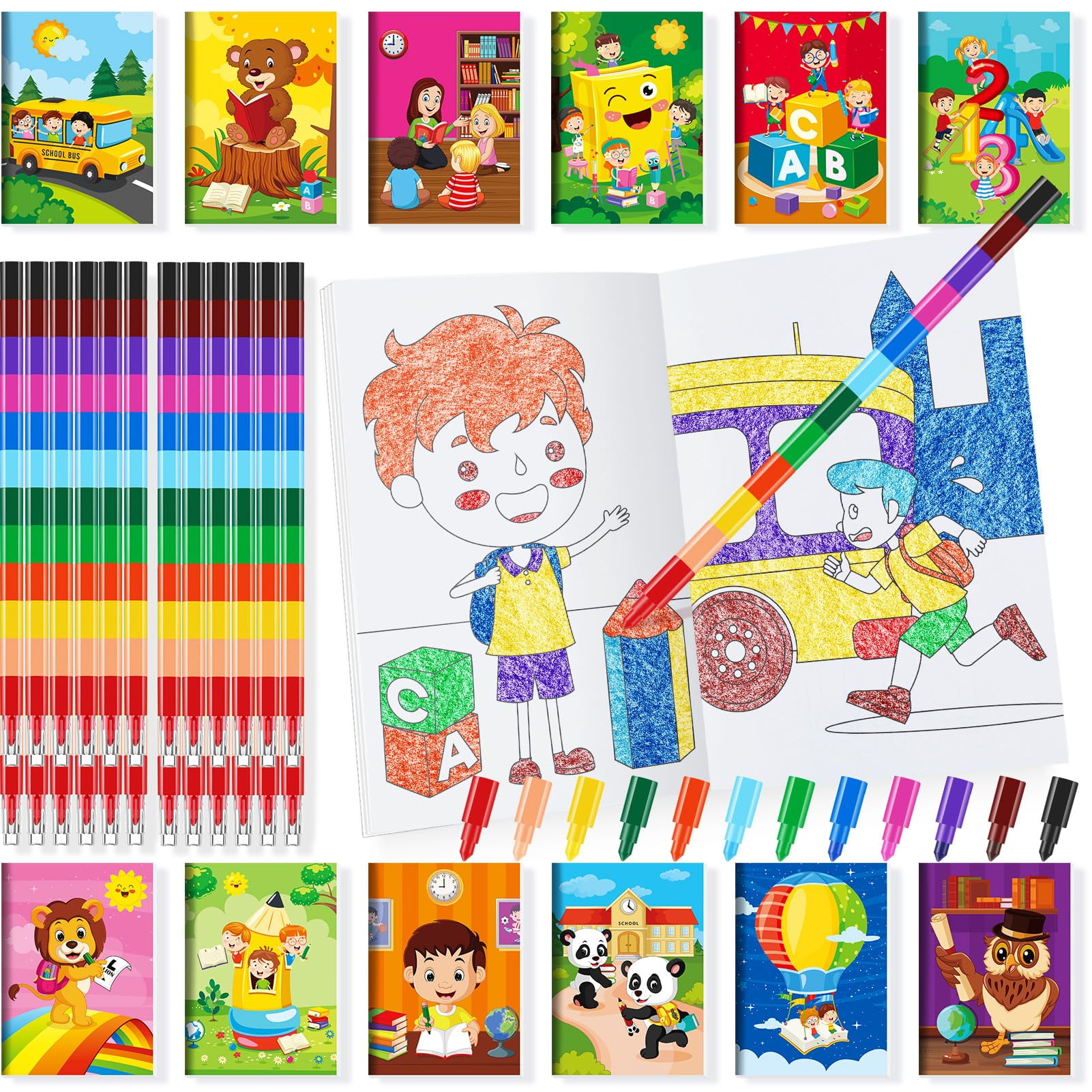 BenLouis 24 Preschool Kindergarten Mini Coloring Books with 24 Crayons ...