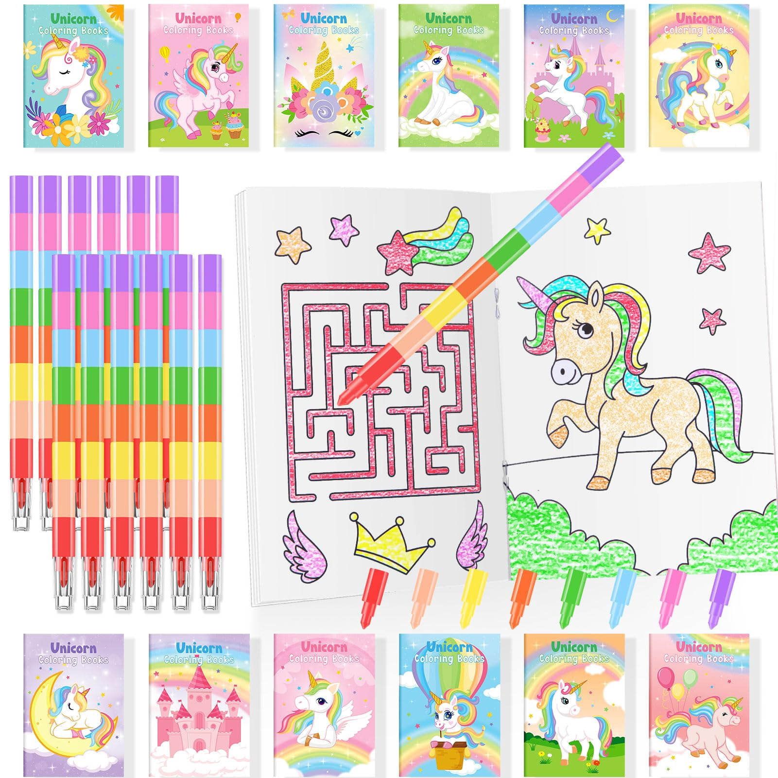 BenLouis 24 Unicorn Mini Coloring Books Kids with 24 Stacking Crayons Unicorn Rainbow Party ...