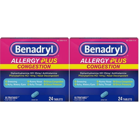 Benadryl Allergy Plus Congestion, 24 Tablets (Pack of 2)