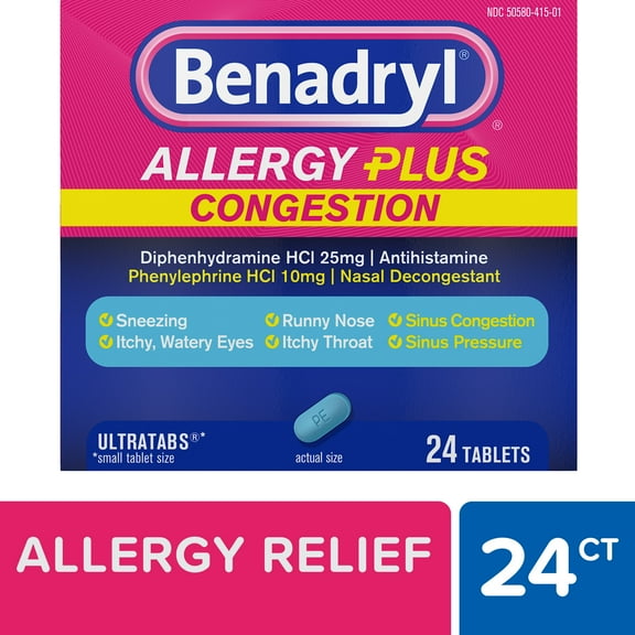 Benadryl Allergy Plus Congestion Ultratabs Allergy Medicine, 24 Count