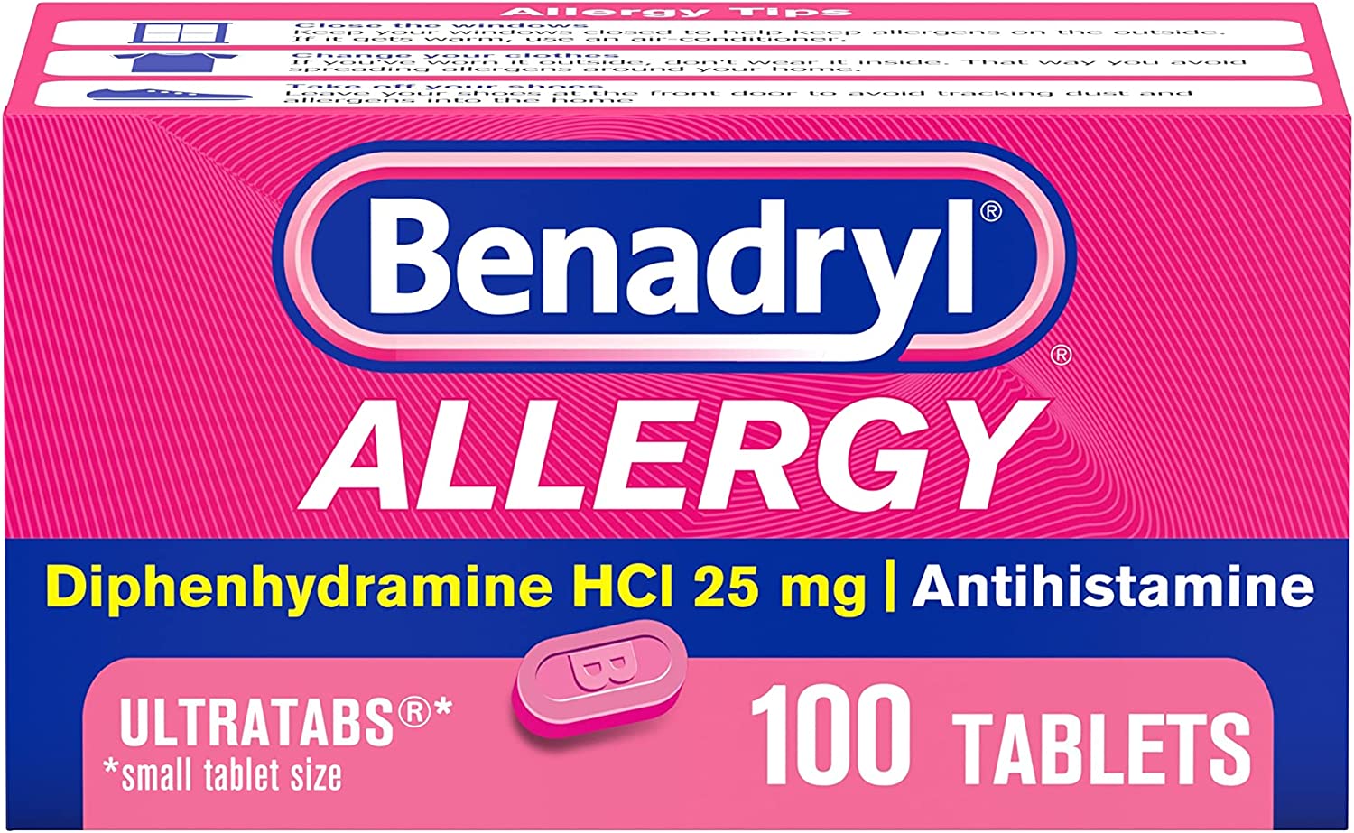 Benadryl Allergy Ultratabs Diphenhydramine HCl 25 mg Antihistamine Tablets, 100 Count - image 1 of 8