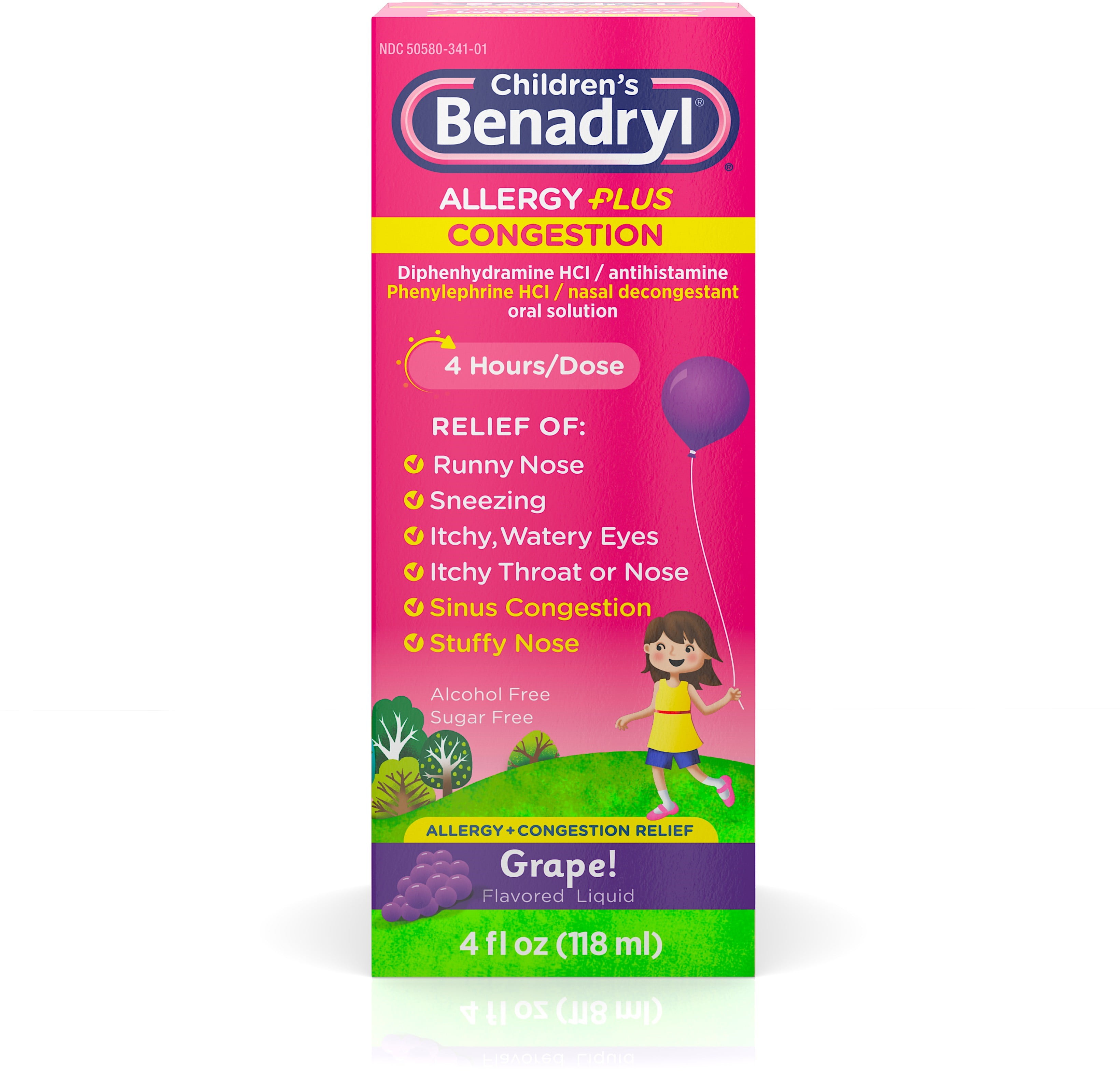 Benadryl Children's Allergy plus Congestion Liquid Grape Flavored - 4 oz, Pack of 6
