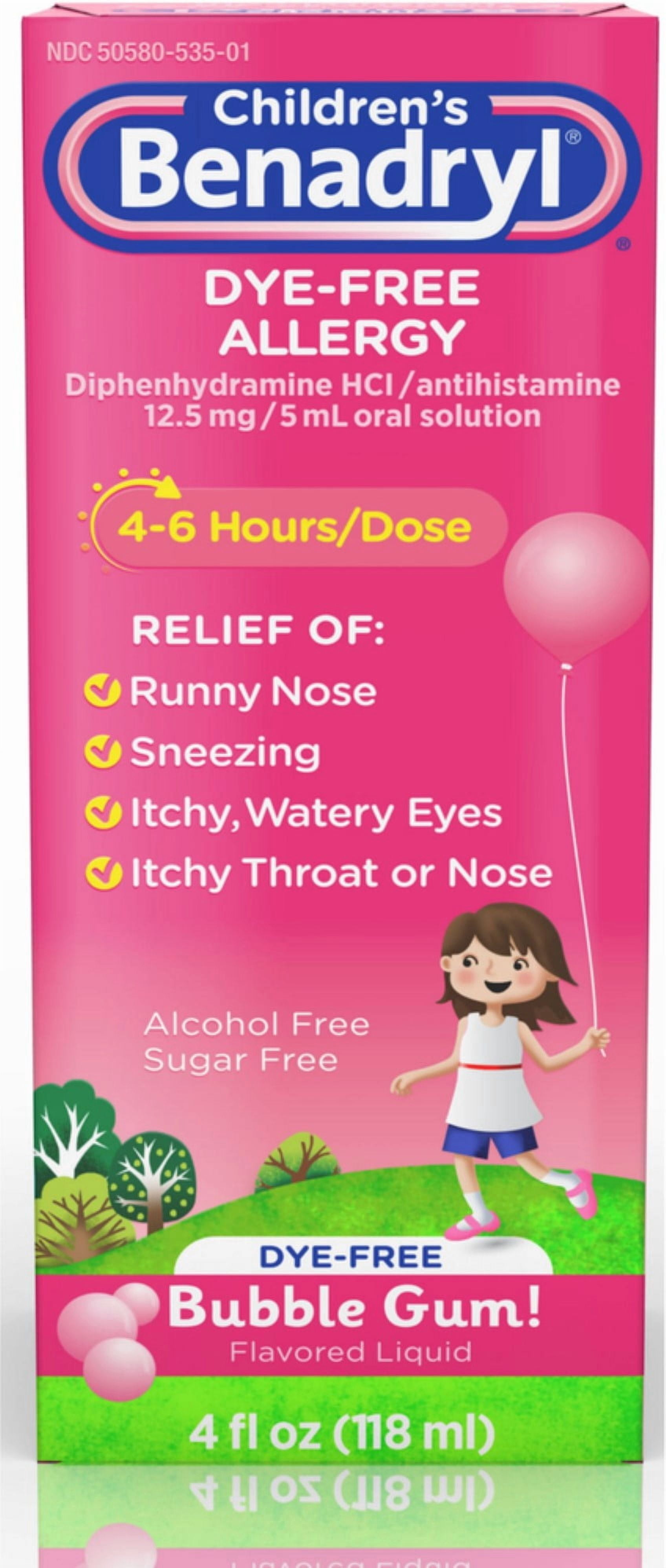 Benadryl Children's Dye-Free Allergy Liquid, Bubble Gum 4 oz (Pack of 3)