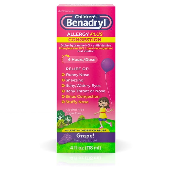 Benadryl-D Children's Allergy and Sinus Liquid Grape 4 oz (Pack of 2)