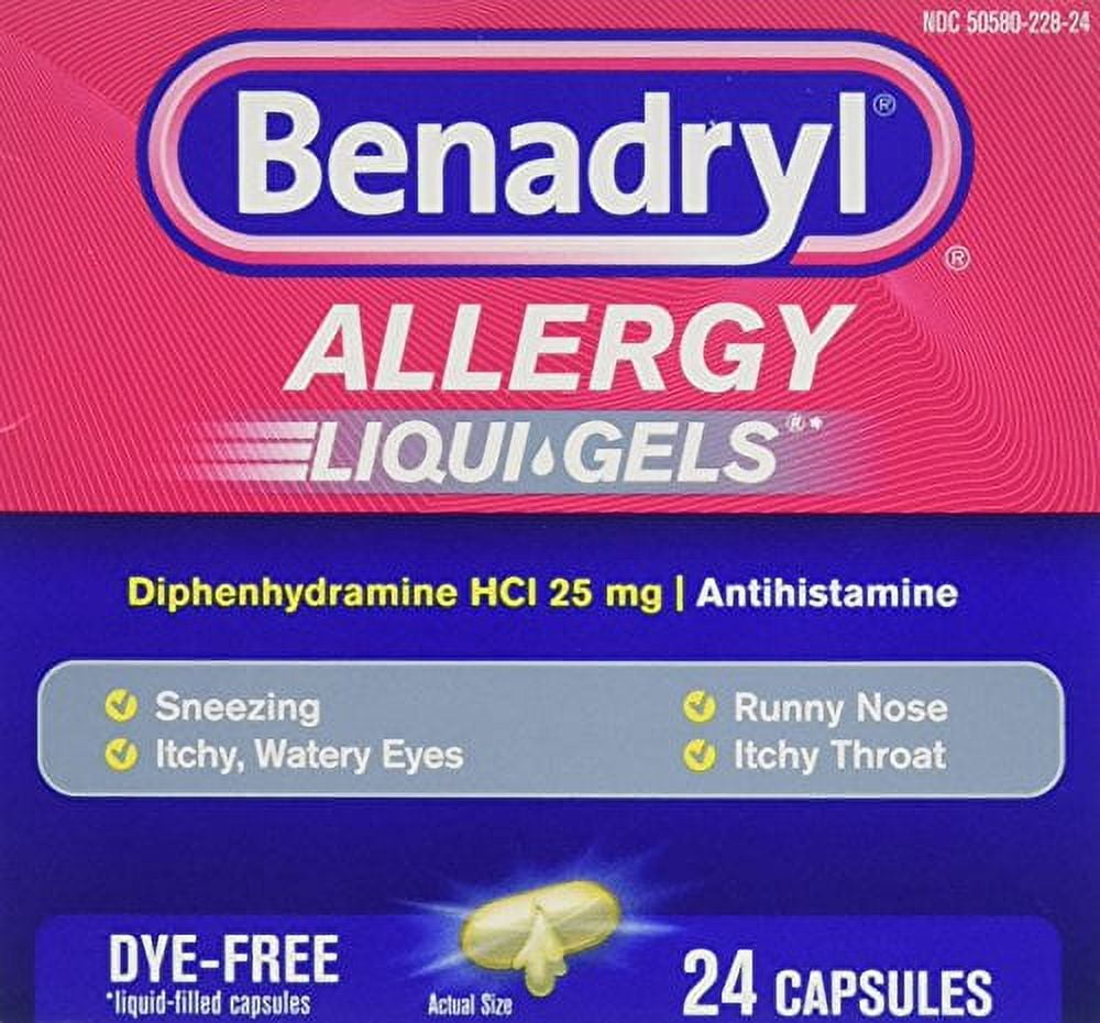 Benadryl Dye Free Antihistamine Allergy Relief Medication 24 LiquiGels for Indoor Outdoor Allergic Reactions Walmart