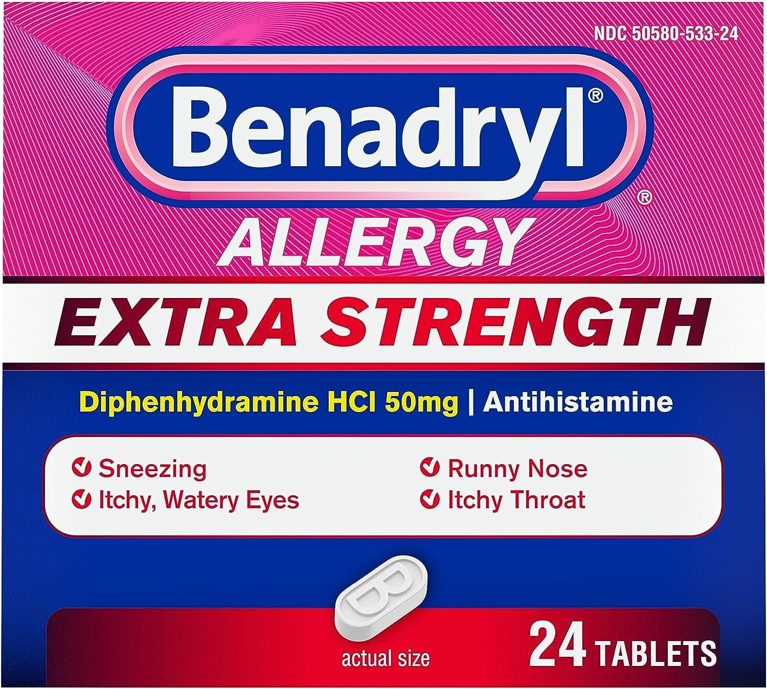 Benadryl Extra Strength Antihistamine Allergy Relief Medicine, 50 Mg Diphenhydramine Hcl Tablets