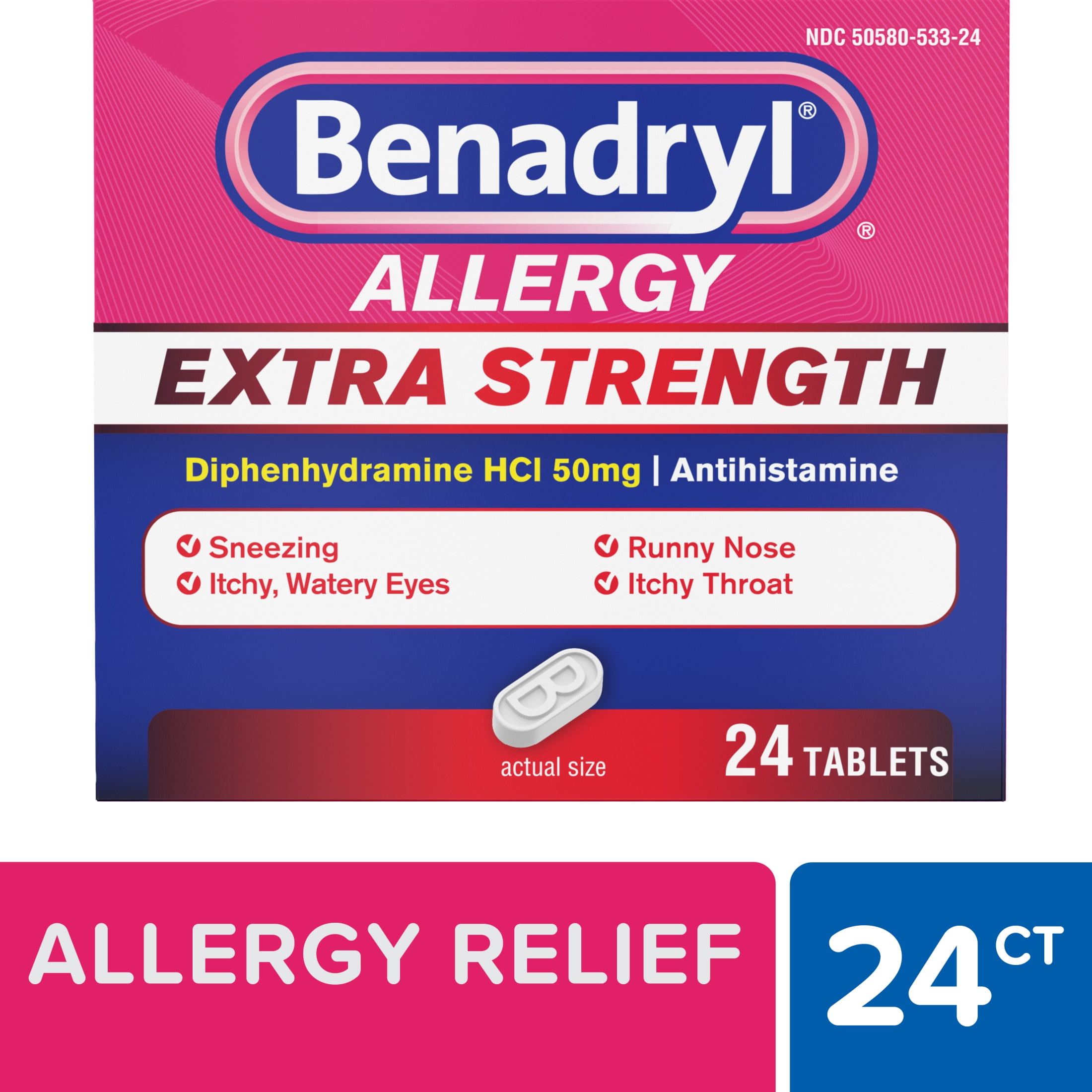Benadryl Extra Strength Antihistamine Allergy Relief Tablets, 24 Ct