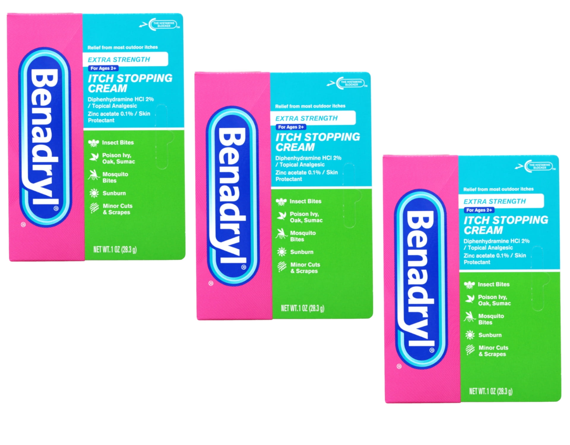 Benadryl Extra Strength Topical AntiItch Relief Cream, Diphenhydramine HCl, 3 x 1 oz