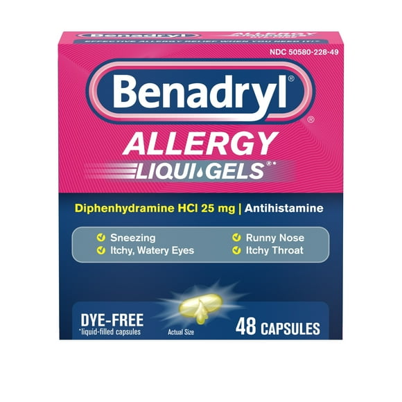 Benadryl Liqui-Gels Antihistamine Allergy Medicine, Dye Free, 48 Ct