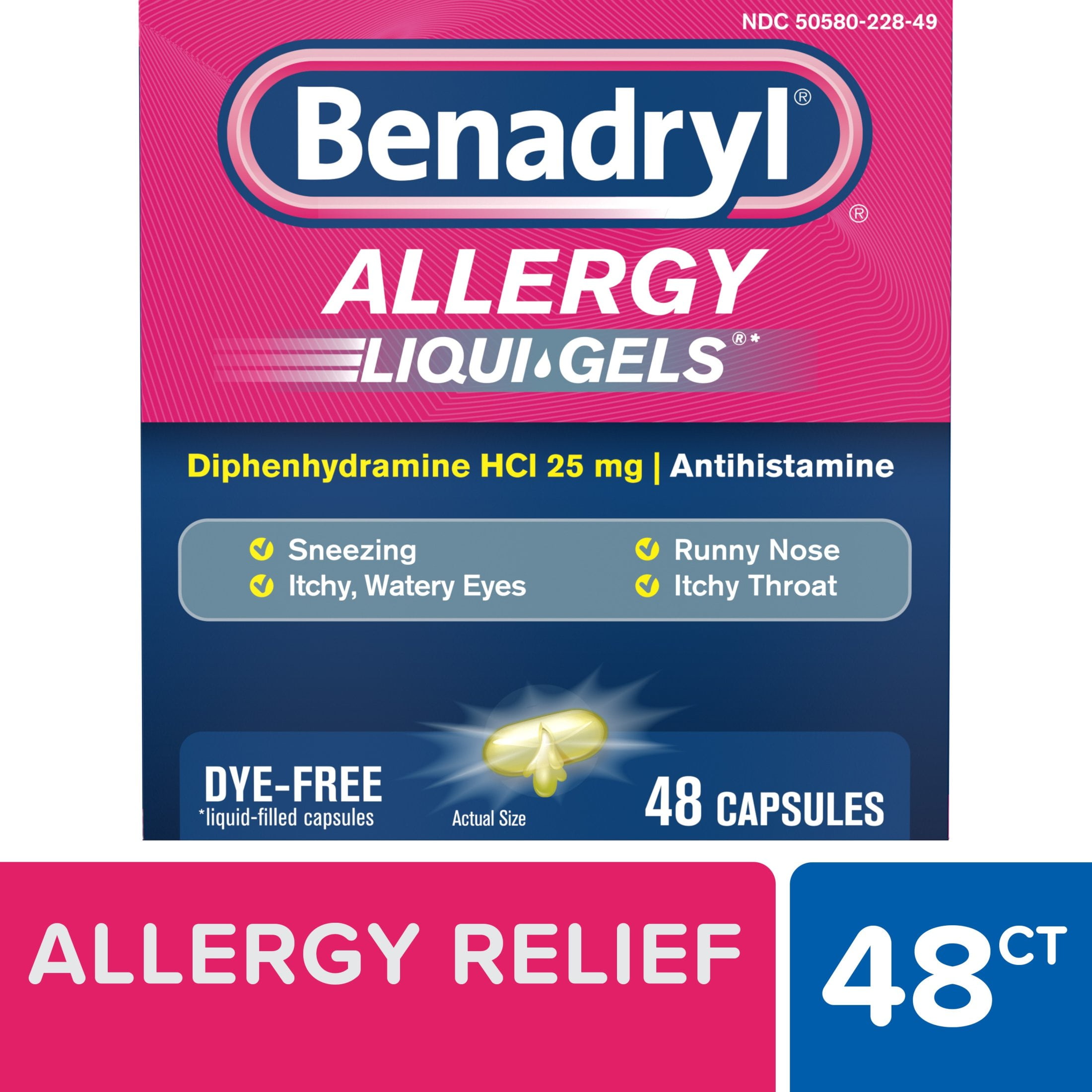 Benadryl Liqui-Gels Antihistamine Allergy Medicine, Dye Free, 48 Ct