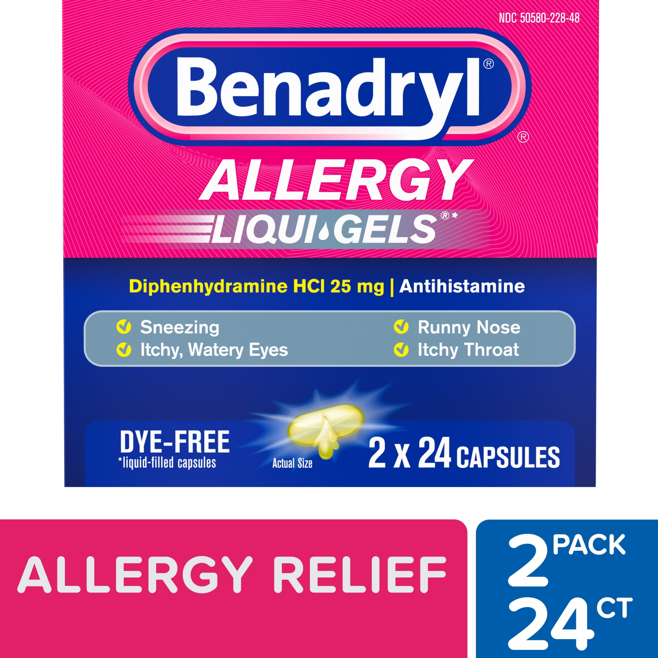 Benadryl Liqui-Gels Dye-Free Allergy Medicine & Cold Relief, 2 x 24 Count