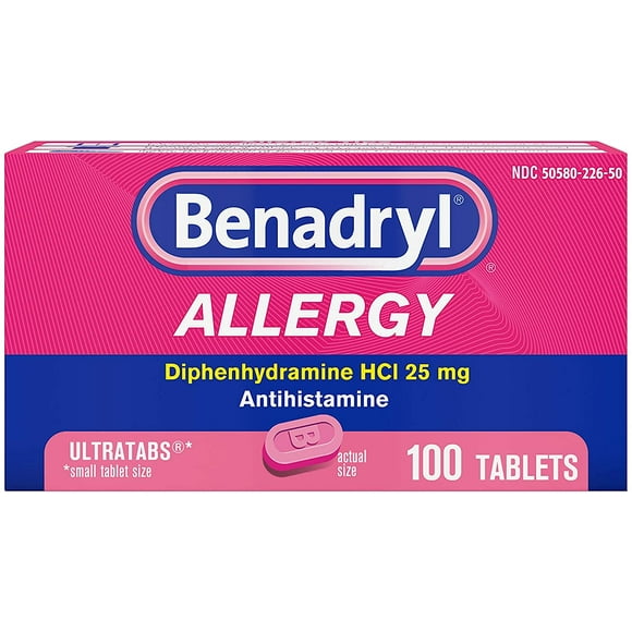 Benadryl Ultratabs Antihistamine Allergy Relief Medicine, Diphenhydramine HCl Tablets for Relief of Cold & Allergy Symptoms Such as Sneezing, Runny Nose, & Itchy Eyes & Throat, 100 ct