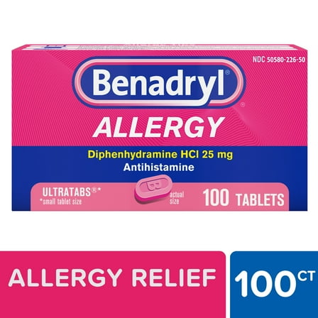 Benadryl Ultratabs Antihistamine Cold & Allergy Relief Tablets, 100 Count