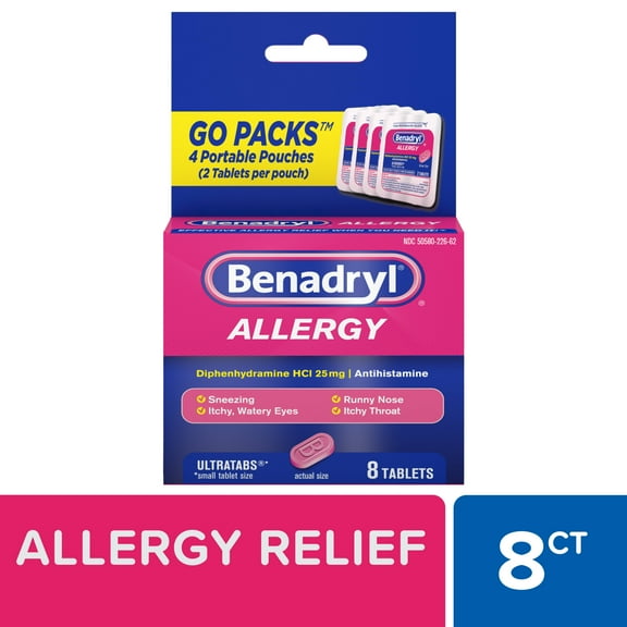 Benadryl Ultratabs Go Packs, Antihistamine Tablets, 4 packs of 2-ct.