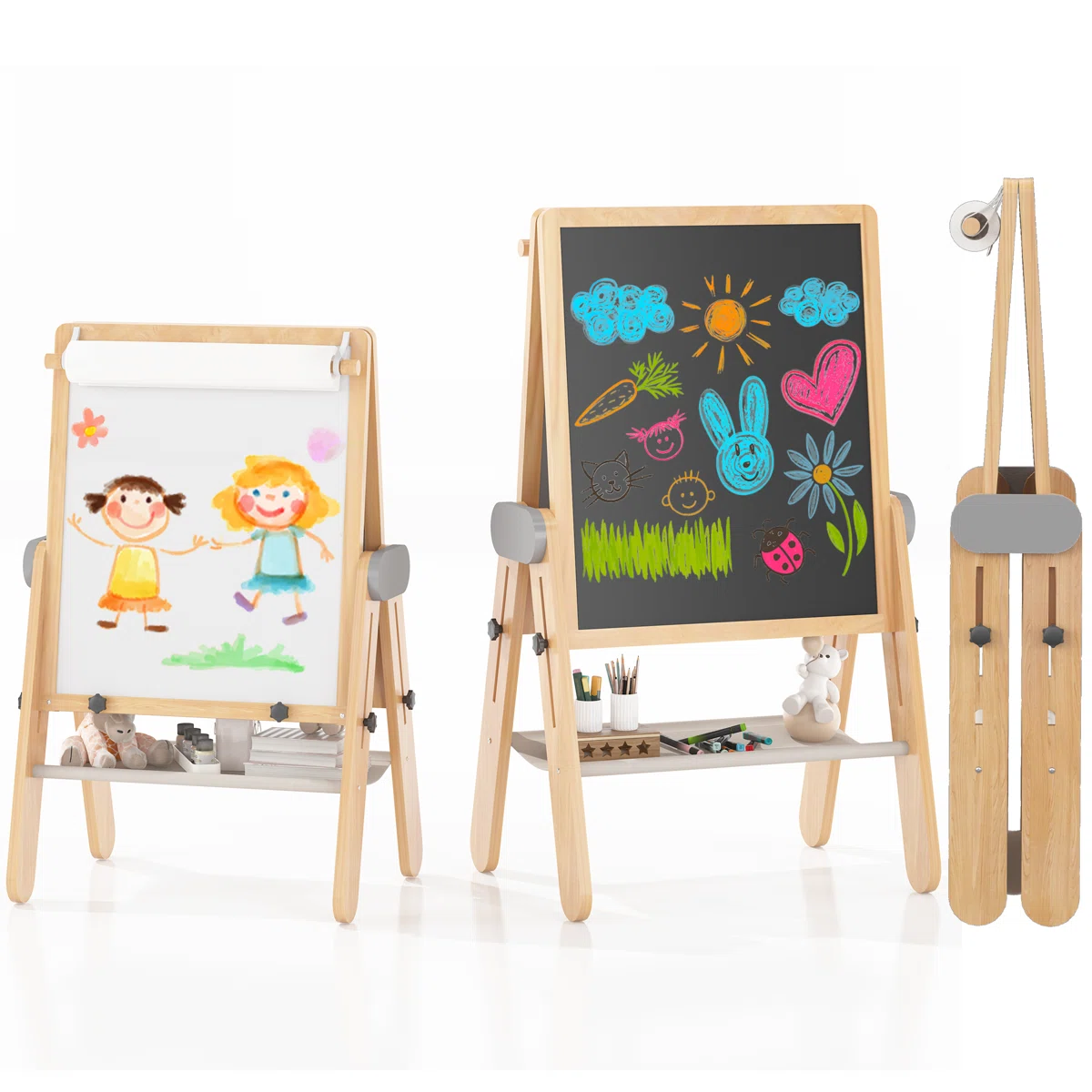 Benarita Wooden Folding Art Easel for Kids, Double-Sided Magnetic Board, Height Adjustable Drawing Board Gift for Boys Girls