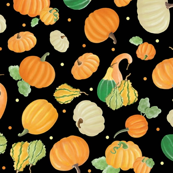 Benartex Thanksgiving Falling For Gnomes Pumpkin On Black 100% Cotton Fabric Price per Yard