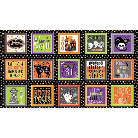 Benartex Halloween Glowoween Boxes On Black Glow in the Dark 100% Cotton Fabric Price per Panel