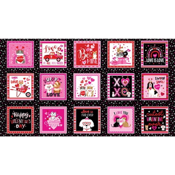 Benartex Valentine Love You Boxes Black Dogs Cats 100% Cotton Price per Panel